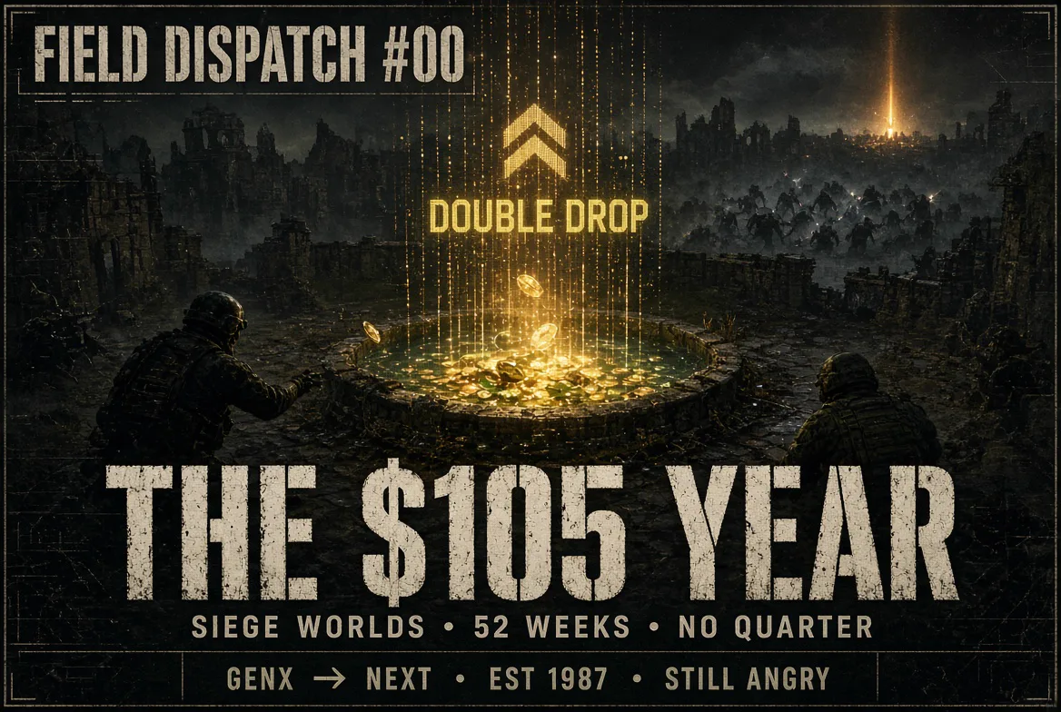 Field Dispatch #00 — The $105 Year. Two soldiers at a Double Drop fountain in a ruined city.
